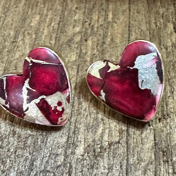 Handmade Dahlia‎ Rose Heart Stud Earrings, Natural Stone, The Golden Collection - Picture 3 of 7